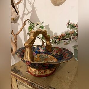 Vintage MCM Chinoiserie Handled Bowl | Floral Decorative Basket